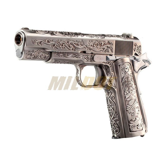 Pistola de airsoft WE M1911 - grabada, versión plata, gas blowback